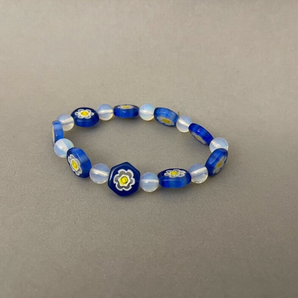 Blue‎ White Opal Beads Stretch Fashion Bracelet Floral